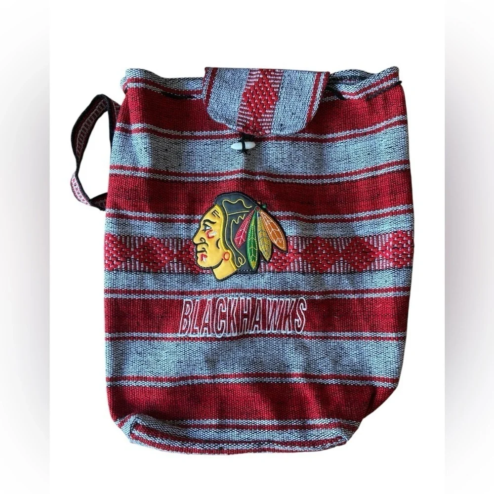 Chicago Blackhawks NHL Striped Burlap Backpack tote 100% cotton
